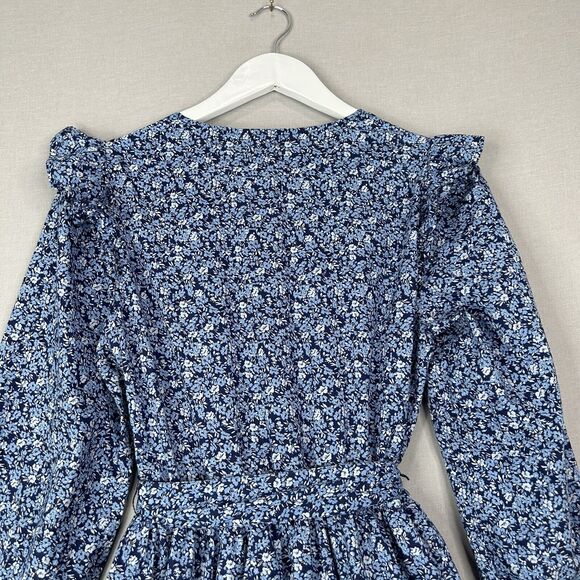 J.Crew Womens Dress Small Blue 100% Cotton Floral Puff Sleeve Belted Preppy Boho - Picture 8 of 15